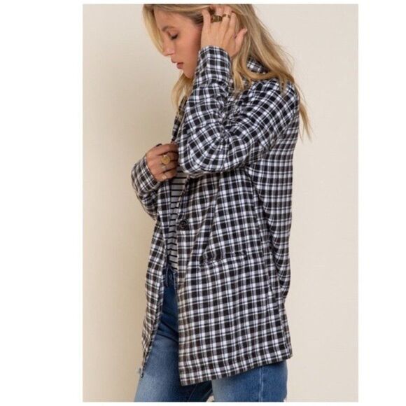 Off White Black Plaid Jacket With Welt Pocket - Picture 6 of 11